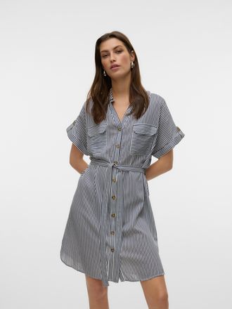 Vero Moda Hemdblusenkleid VERO MODA VMBUMPY SS SHORT SHIRT DRESS WVN GA NOOS, Damen, Gr. XL, N-Gr, weiss (india ink stripes:snow wei&szlig;), Web, Obermaterial: 100% 