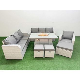 Fimous Fimous 10 Seater Poly Rattan Outdoor Garden Furniture Firepit Dining Table Sofa Set Patio 3 Seater Sofa Reclining Chair 3 Seater Sofa 3 Stools Light