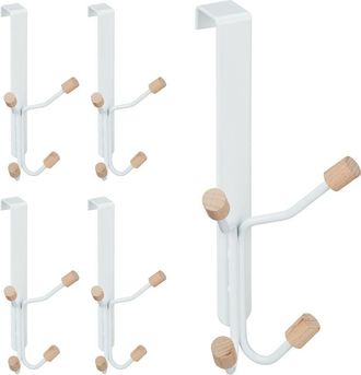 Relaxdays Relaxdays Set of 5 Door Fourfold Hooks, Scandinavian, Iron & Wood, Hanging Coat Rack HxWxD: 19 x 9 x 8 cm, White/Natural