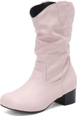 Generic Womens Retro Ruched Mid-Calf Boots with Round Toe Low Block Heels PU Leather Comfortable Anti-Slip Wear-Resistant for Daily Street Casual Party,Pink,6