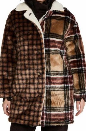 Something Navy Faux Fur Contrast Plaid Coat In Brown/camel