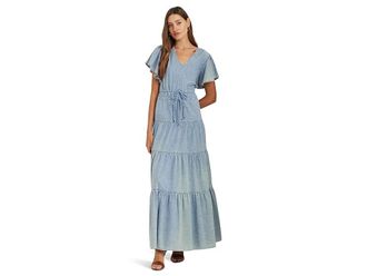Lauren Ralph Lauren Petite Chambray Tiered Maxidress Womens Dress Isla Wash : 4P, Cotton