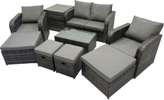 Fimous Outdoor Love Sofa Reclining Chair Coffee Table Set Garden Rattan Furniture Set 8 Seater with 4 Stools Side Table Dark Grey - Fimous