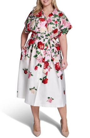 Karl Lagerfeld Placed Floral Stretch Cotton Midi Shirtdress in Cornelia Rose/Sft Wht Multi at Nordstrom, Size 20 W