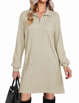 Fengbay Jumper Dress for Women UK Ladies Casual Long Sleeve Ribbed Knitted Lightweight Sweater Dresses for Autumn Winter Apricot