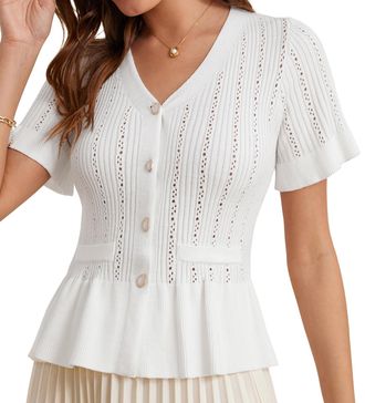 Grace Karin Womens Summer Casual Short Sleeve Knitted Cardigan V-Neck Button Cardigan Waist Ruffled Hem Cardigan Elegant Cardigan White XL