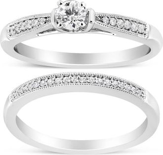 House of Brilliance 925 Sterling Silver 1/3 Cttw Diamond Classic Engagement Ring Bridal Set with Milgrain