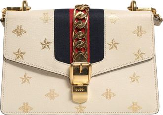 Gucci Cream Leather with a Bee and Star Print Leather Sylvie Crossbody Womens Bag (Pre-Owned)
