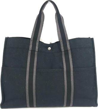Herm&egrave;s Black Gray Canvas Shoulder Bag Tote Bag (Pre-Owned)