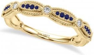 Allurez Antique Style Lab Blue Sapphire & Lab Grown Diamond Wedding Ring Band 14K Yellow Gold (0.20ct)