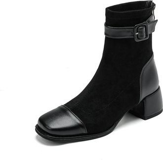 Generic Womens Fashion Square Toe Faux Suede Ankle Boots Block Heels Buckle Detail Comfortable Anti Slip Wear Resistant For Office Daily Commute Casual Style,