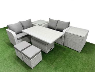 Fimous 6 Seater Outdoor Love Sofa Set Rattan Garden Furniture Set w/ Adjustable Lifting Dining or Coffee Table 2 Small Stools 2 Side Tables Light Grey