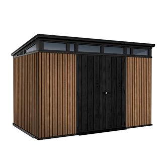 Keter Pent 11x7 - Caseta De Jard&iacute;n 342x226x218 Cm 2 Puertas Para Almacenamiento De Herramientas Acabado Efecto Madera Evotech+ En Resina Marr&oacute;n Y Negra