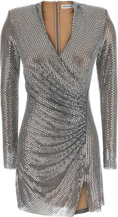Self Portrait Rhinestone Mesh Wrap Mini Jurk - Dames - Feestkleedjes - Grijs - 2XS - Polyester - Kleedjes