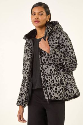 Roman Womens Animal Print Flocked Hooded Coat - Grey - Size 10 UK