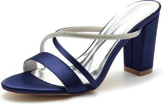 Minitoo Comfortable Wedding Heels for Women Backless Block Heel Evening Party Sandals Mules BR065 Navy Blue UK 4.5
