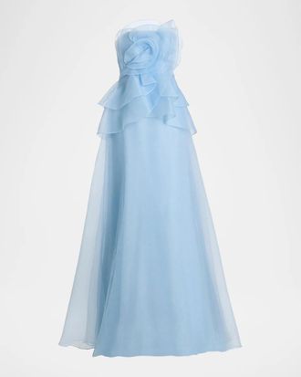 Theia Gilda Draped Rose Strapless Organza Gown