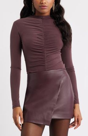 Open Edit Shirred Mock Neck Top in Burgundy Fudge at Nordstrom Rack, Size Small
