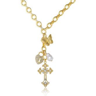 Jessica Simpson Gold-Tone Charm Link Necklace with Cross, Heart & Pearl Accents in Gold Tone at Nordstrom
