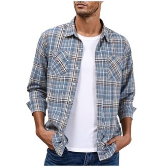 Generic Mens Checked Shirts Casual Regular-Fit Fashionable Versatile Long Sleeve Lightweight Plaid Shirt Comfortable Durable Button-Up Lapel Tops with Chest P