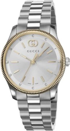 Gucci G-Timeless 29 mm roestvrijstalen kast met vergulde lunet- zilveren wijzerplaat met diamanten en Gucci belettering- roestvrijstalen armband - Dames - H