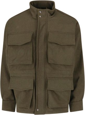 White Sand Green Wool-Blend High Collar Concealed Placket Jacket