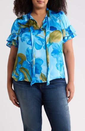 Sugarlips Neiva Floral Tie Neck Top in Blue-Green at Nordstrom, Size 2 X