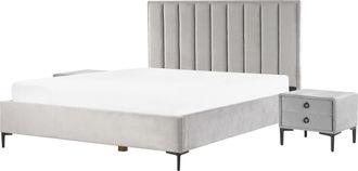 Beliani Conjunto De Dormitorio Tapizado En Terciopelo Gris Cama Con Almacenaje 180 X 200 Cm Con 2 Mesitas De Noche Tapizadas Sezanne