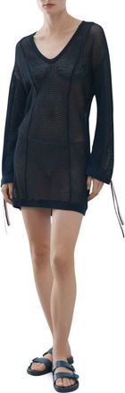 Mango Open Knit Long Sleeve Minidress in Navy at Nordstrom, Size Small