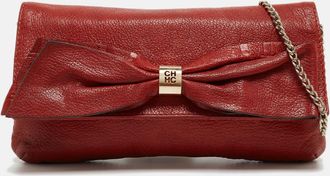 Carolina Herrera Red Monogram Leather Bow Chain Clutch