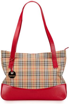 Burberry Beige Red Color Canvas Handbag Tote Bag (Pre-Owned)