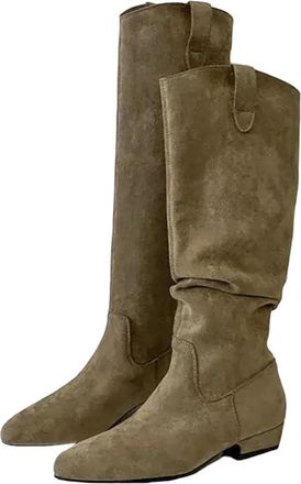 Generic Women Western Knee High Boots Pleated Long Booties Square Low Heels