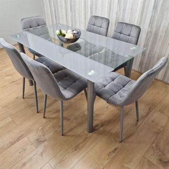 Kosy Koala Kosy Koala - Dining Table and 6 Chairs Grey Clear Glass 6 Velvet Grey Chairs Dining Room Furniture