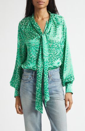Ramy Brook Aura Tie Neck Shirt in Bright Palm Burnout at Nordstrom, Size Xx-Small