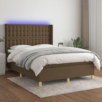 vidaXL Cama Box Spring Colch&oacute;n Luces Led Tela Marr&oacute;n Oscuro 140x190 Cm Vidaxl