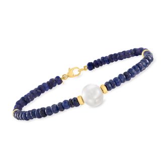 Ross-Simons Cultured Pearl and Sapphire Bead Bracelet in 14kt Yellow Gold
