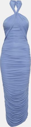 Ronny Kobo Ronny Kobo Blue Stretch Jersey Ruched Ella Halter Maxi Dress