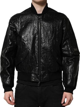 Dolce & Gabbana Mens Black Logo Plaque Bomber Full Zipper Jacket Cellulose Poly Lactic Acid Clothing