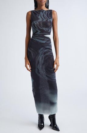 Jean Paul Gaultier Blurry Roses Print Mesh Dress in Black/Grey/White at Nordstrom, Size Small