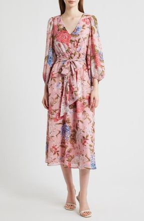 Anne Klein Floral Print Tie Waist Midi Dress in Calypso Coral Multi at Nordstrom, Size 10
