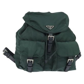 Prada Vela Double Front Pocket Tessuto With Saffiano Leather Khaki Nylon Backpack Bag (Pre-Owned)