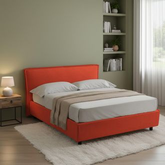 Dmora Cama De Matrimonio Bruzolo, Cama Matrimonial Con Colch&oacute;n Incluido, Desenfundable Made In Italy, Almacenaje, Naranja