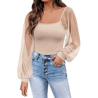 Generic Tech Short Womens Mesh Long Sleeve Sexy Casual Tops Stretchy Shirts Chiffon Blouses Tops T Shirts Tops for Women (Beige, S)