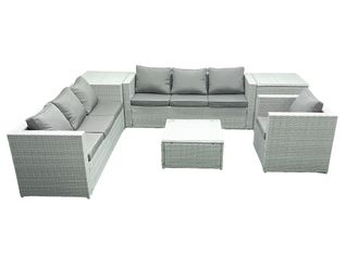 Fimous Wicker PE Rattan Sofa Garden Furniture Set with Armchair Square Coffee Table 2 Side Tables Light Grey Mixed