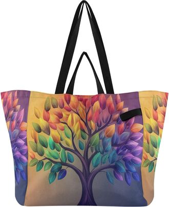 Generic Colorful Leaves Tree pattern Reusable Canvas Tote Bag, Heavy Duty Grocery Shopping Bag with Large Capacity Double Handles Hard Bottom Work Groceries T