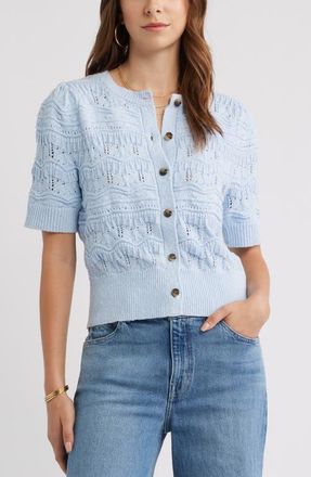 Treasure & Bond Short Sleeve Pointelle Cardigan in Blue Skyway at Nordstrom, Size Xx-Small