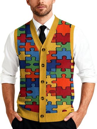 Generic Mens Cardigan Mens Sweater Vest V Neck Men Sleeveless For Vests Casual Button Down Knit Pattern Orange 3xl