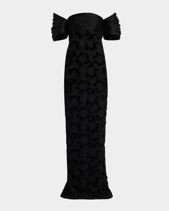 Badgley Mischka Floral Guipure Off-the-Shoulder Gown