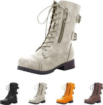 Generic Womens Fashion Winter Mid Calf Boots Low Heel Leather Combat Boots Solid Color Anti Slip Booties with Side Zipper