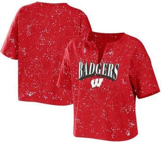 WEAR by Erin Andrews Womens WEAR by Erin Andrews Red Wisconsin Badgers Bleach Wash Splatter Cropped Notch Neck T-Shirt at Nordstrom, Size X-Large